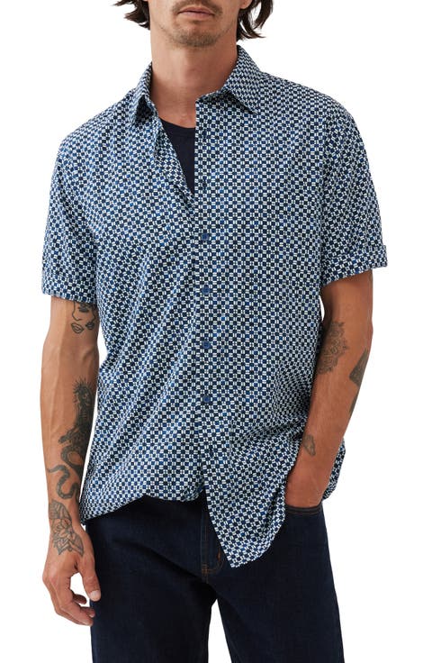 Yate's Point Original Fit Tile Print Short Sleeve Cotton Button-Up Shirt