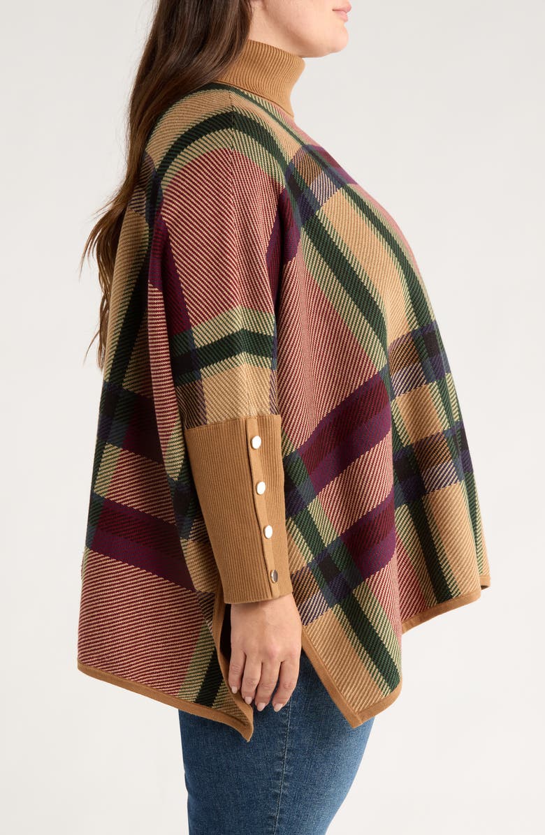 Jones New York Plaid Jacquard Turtleneck Poncho, Alternate, color, Caramel Multi