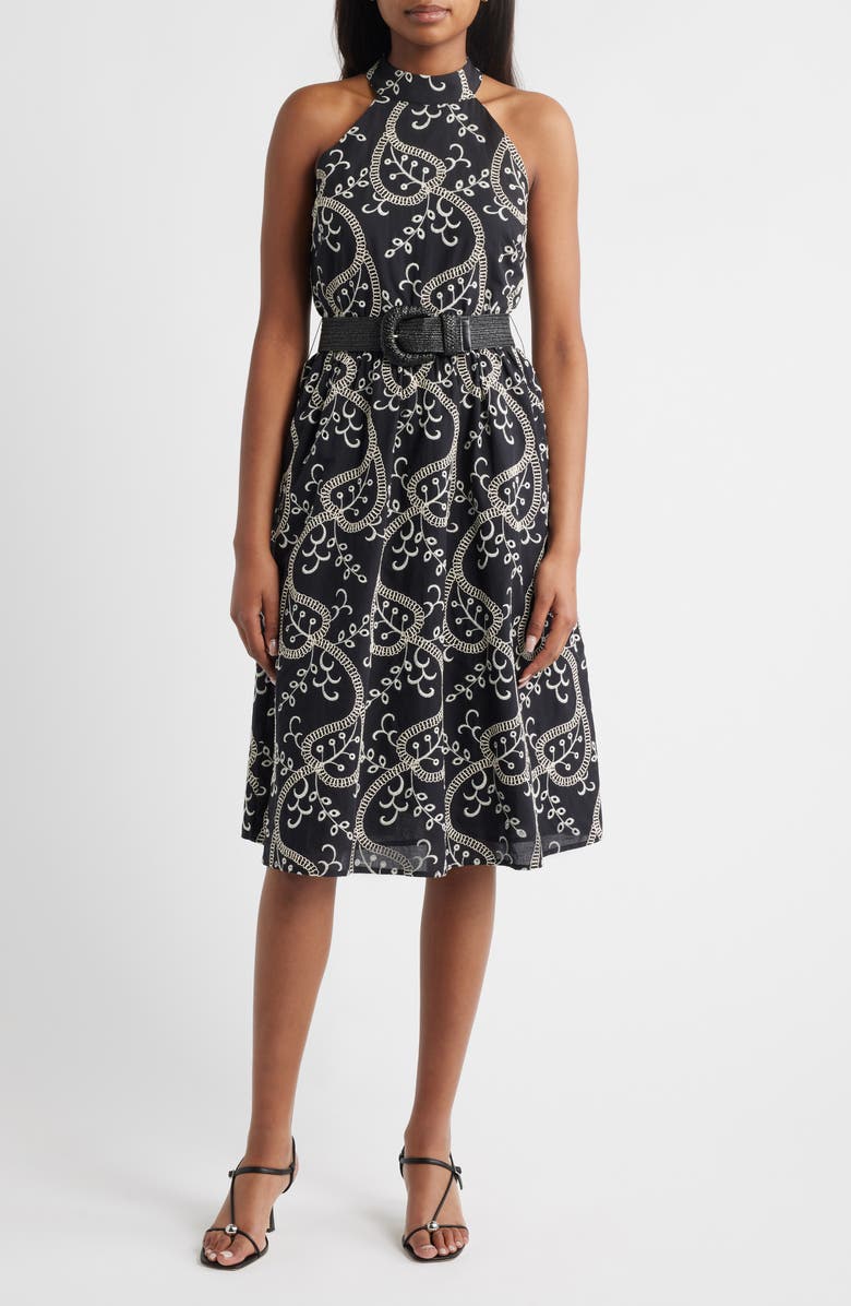 Anne Klein Embroidered Belted Cotton Midi Dress, Main, color, 