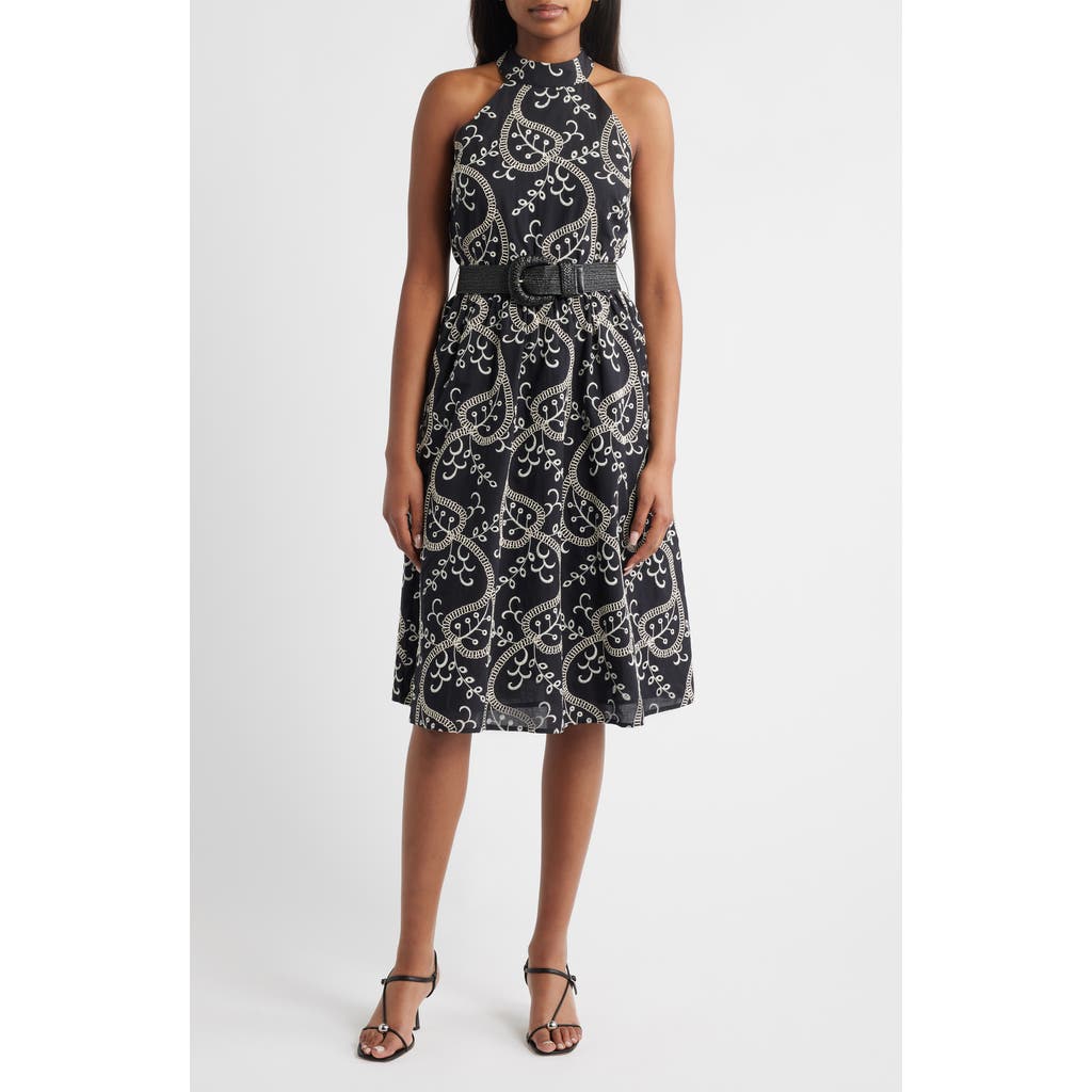 Anne Klein Embroidered Belted Cotton Midi Dress