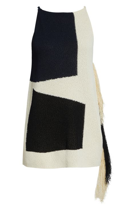 Saskia Colorblock Intarsia Textured Fringe Midi Sweater