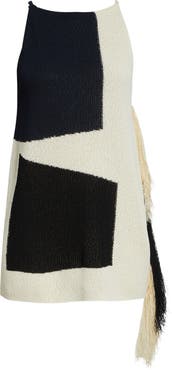 Proenza Schouler Saskia Colorblock Intarsia Textured Fringe Midi Sweater