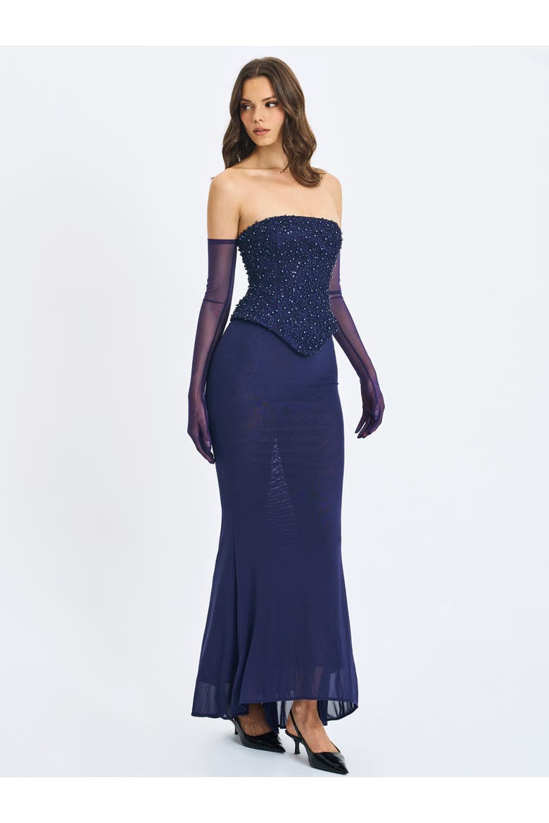 Orabelle Beaded Peplum Mermaid Gown with Lace-up Back, Alternate, color, Navy Blue