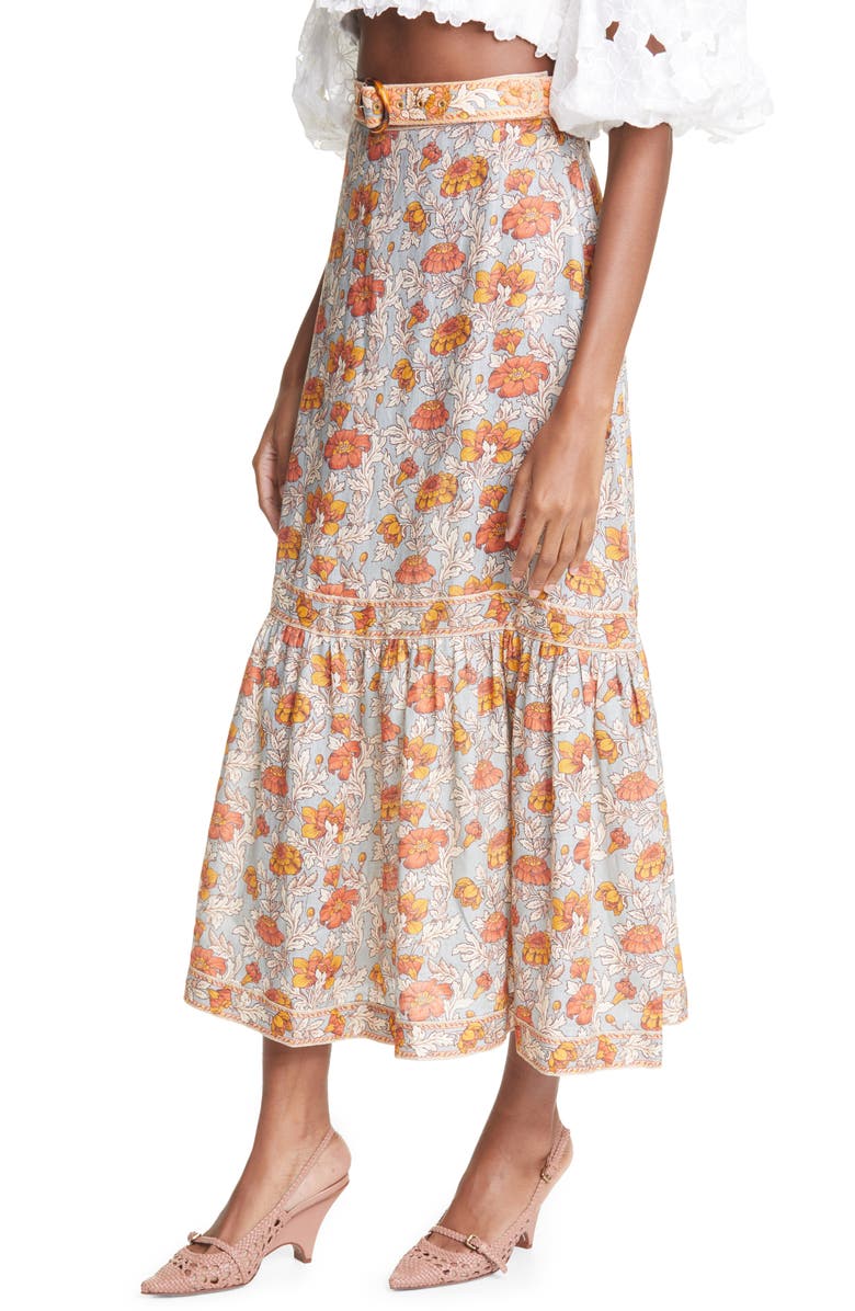 Zimmermann Andie Floral Belted Linen Skirt, Alternate, color,