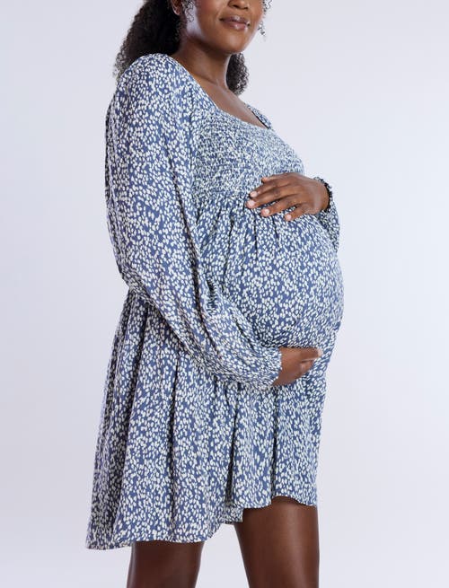 Motherhood Maternity Smocked Babydoll Long Sleeve Mini Dress In Indigo Animal