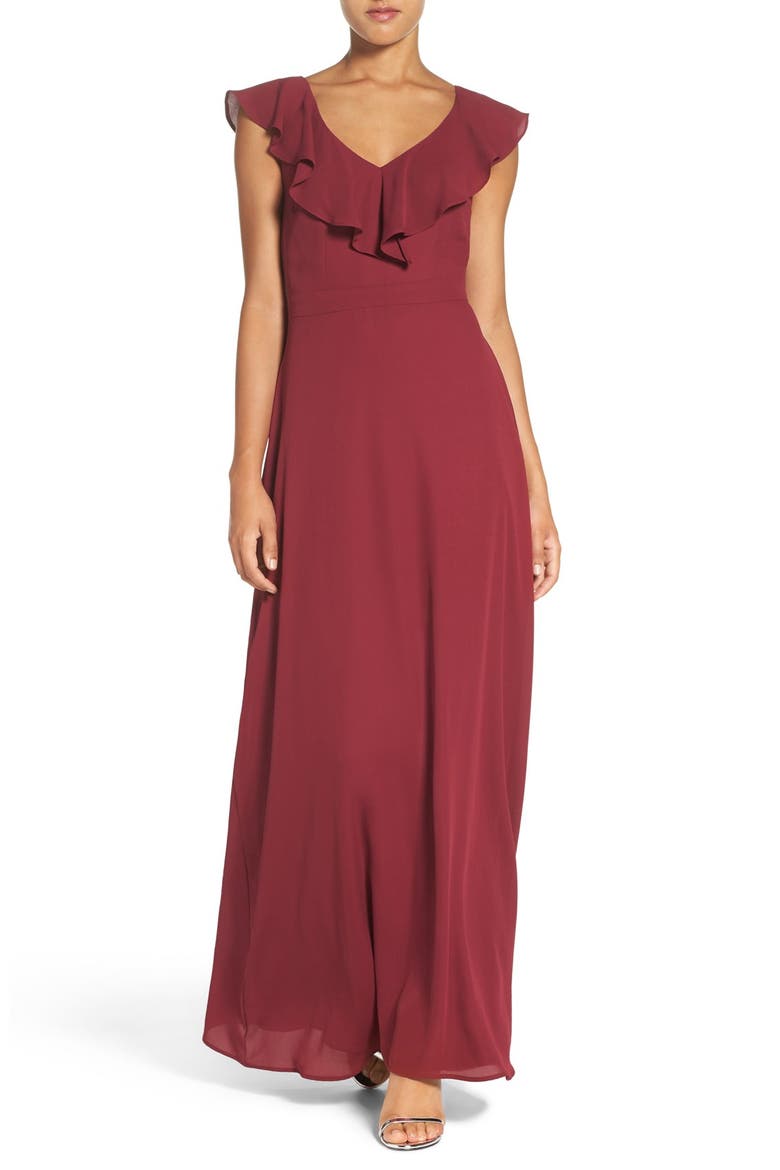 by Lauren Conrad Print Crepe Ruffle V-Neck Gown, Main, color, SPICED WINE
