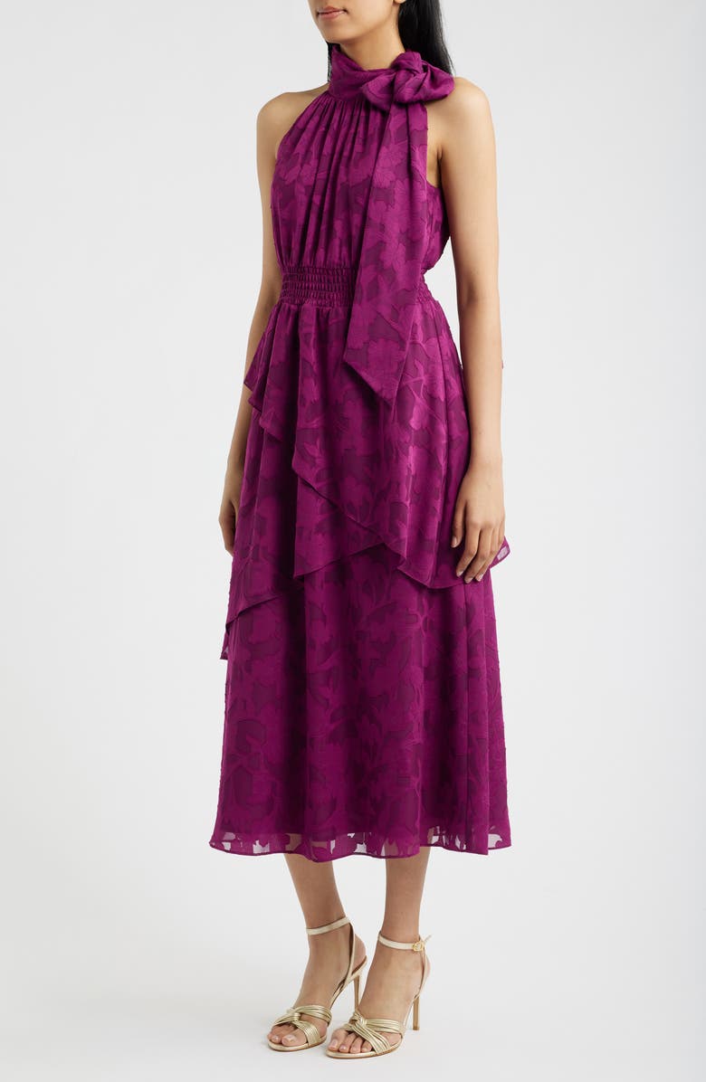 Anne Klein Floral Jacquard Asymmetric Tiered Midi Dress, Alternate, color, Beet