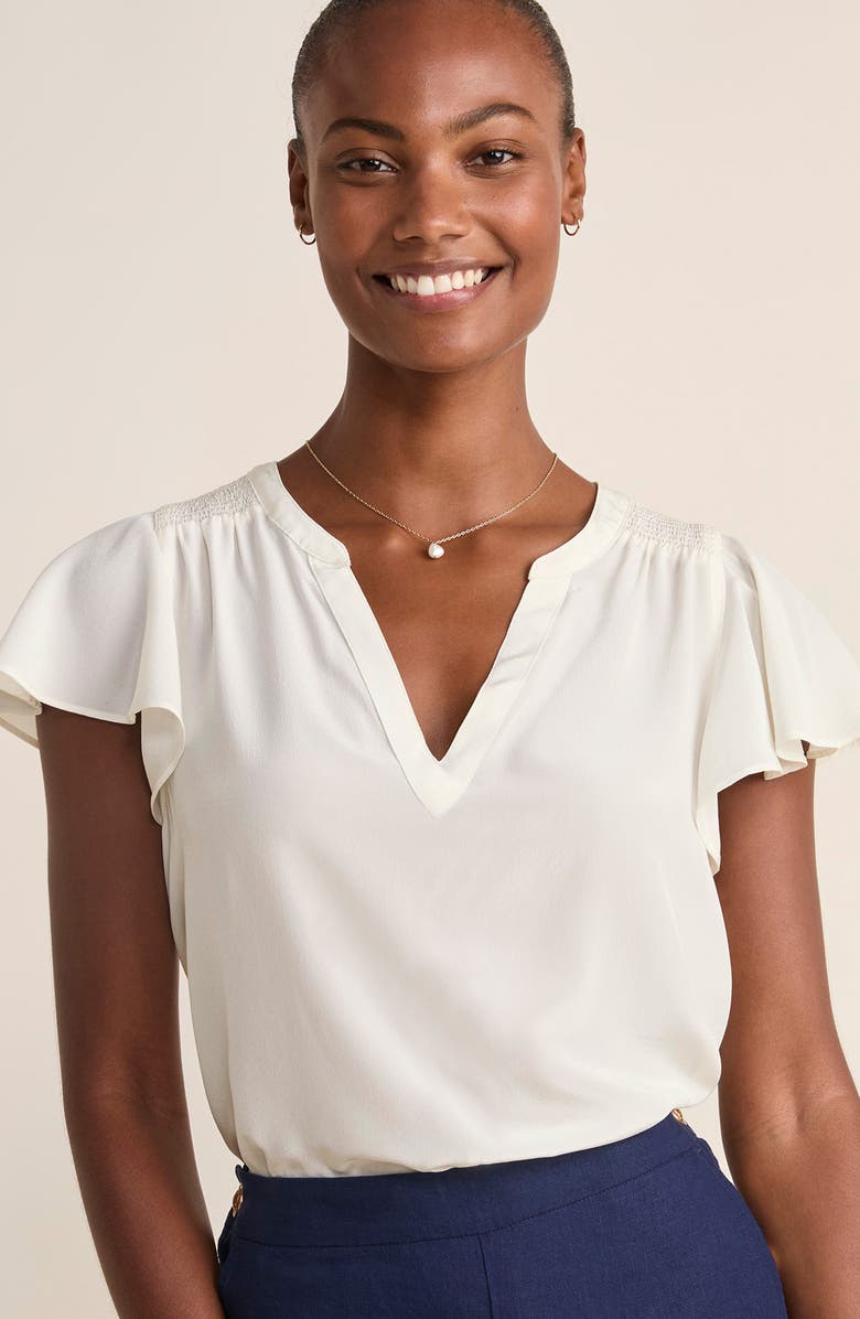 vineyard vines Shell Print Flutter Sleeve Silk Top, Alternate, color, Marshmallow