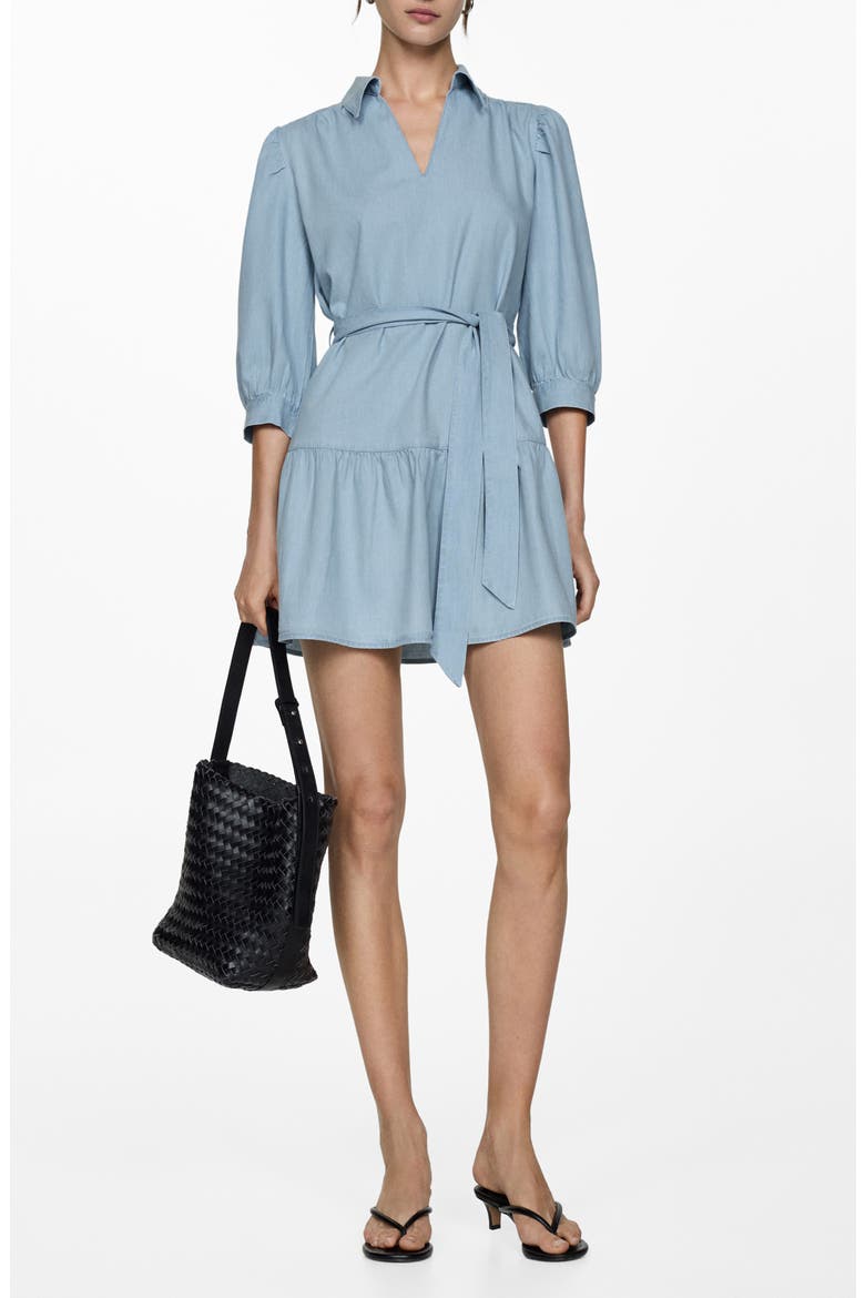 Puff Sleeve Tie Belt Denim Shirtdress, Main, color, LIGHT BLUE