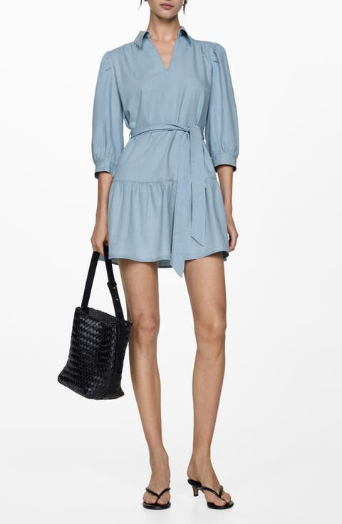 Puff Sleeve Tie Belt Denim Shirtdress