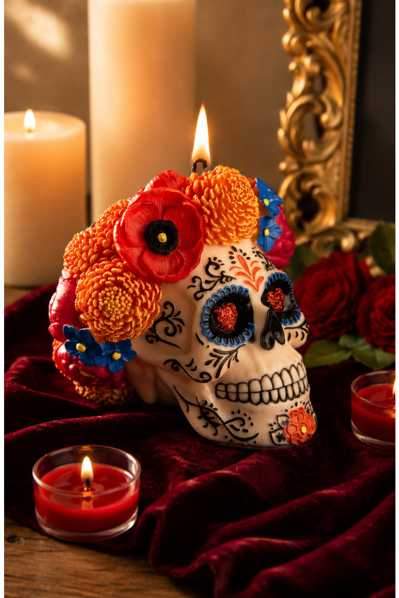Day of the Dead Floral Skull Candle, Alternate, color, Off-white / Floral