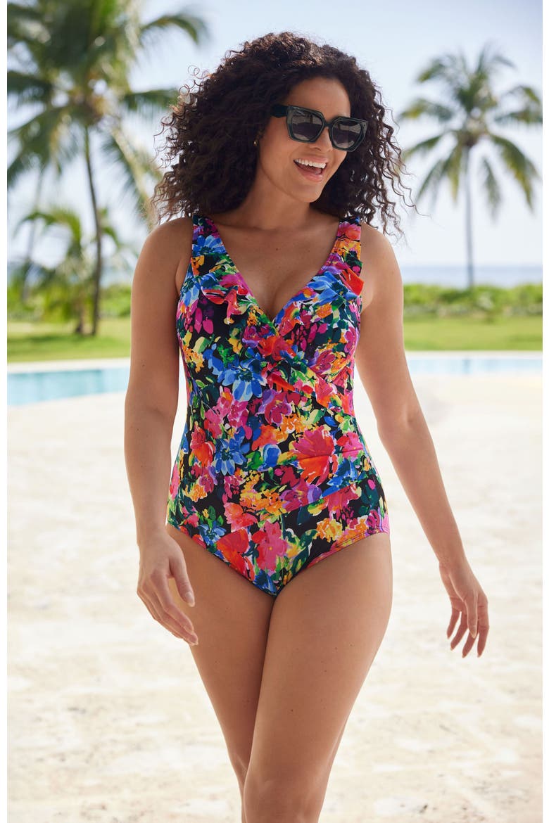 Ruffle Front Surplice Long Torso One-Piece Swimsuit, Alternate, color, Blooming Bouquet