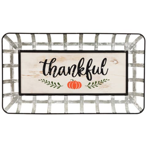 24" Silver and White With a Pumpkin "Thankful" Rectangular Fall Serving Tray Sign