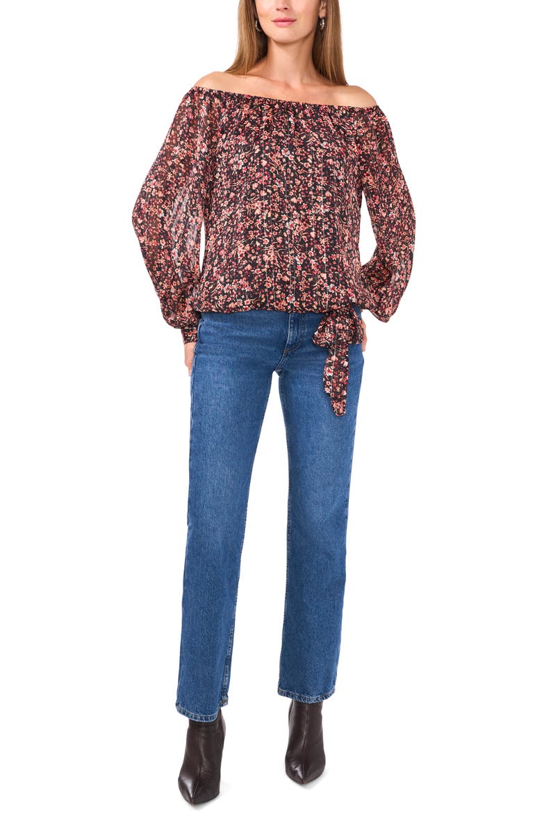 Floral Metallic Stripe Off the Shoulder Top, Alternate, color, RICH BLACK