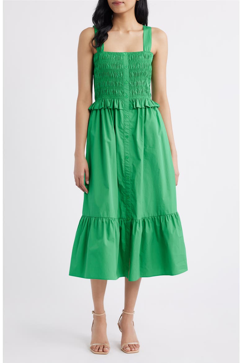 Smock Bodice Cotton Midi Sundress, Main, color, GREEN