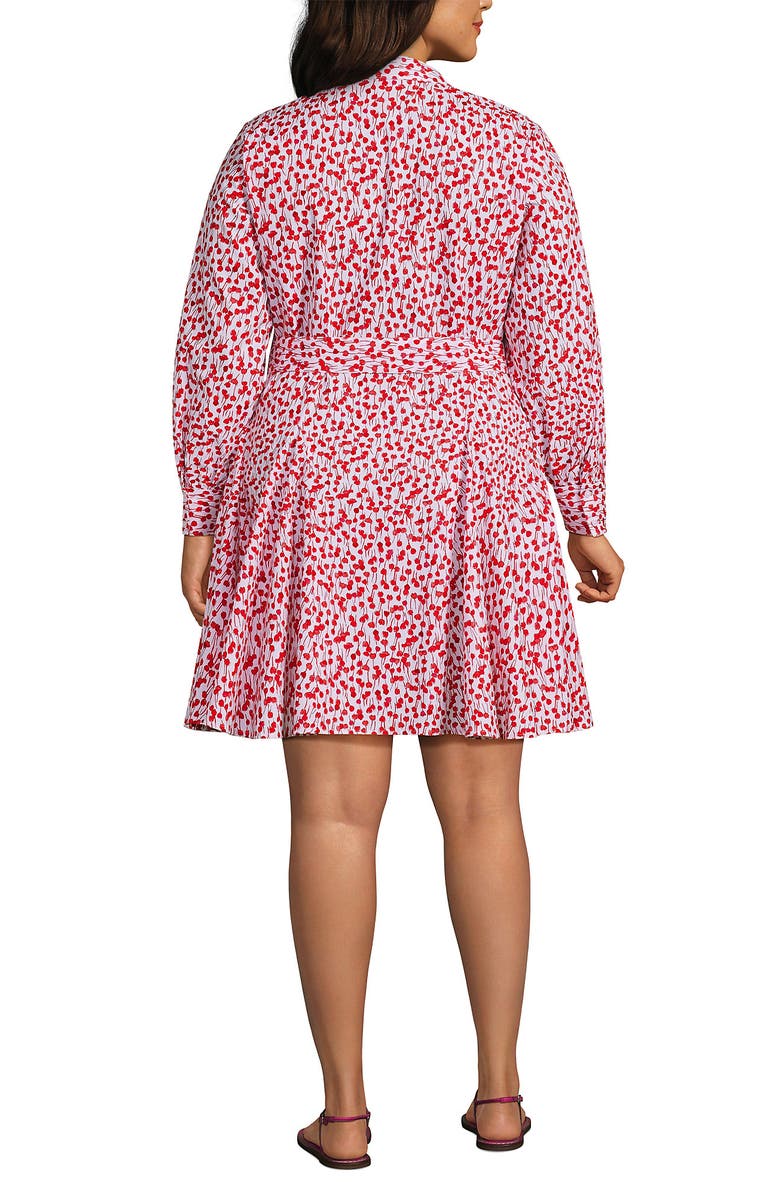 Lands' End Plus Size Poplin Button Front Dress with Godets, Alternate, color, White/Coral Red Painted Posies