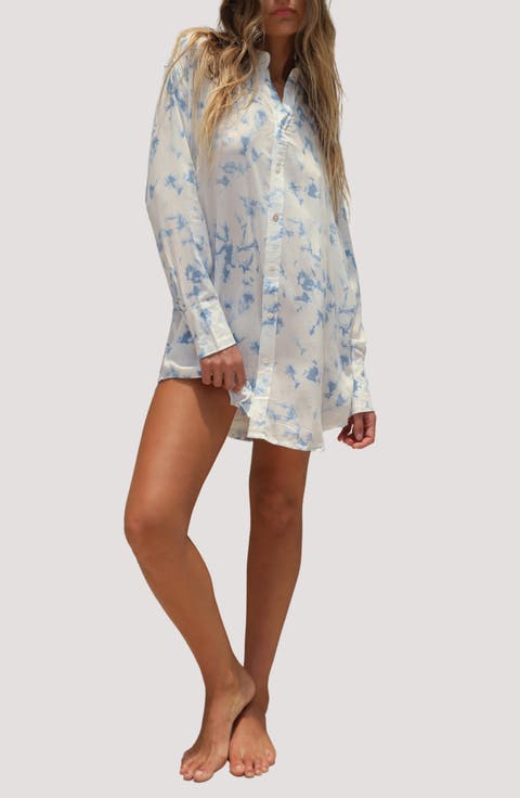 Print Long Sleeve Cover-Up Shirtdress