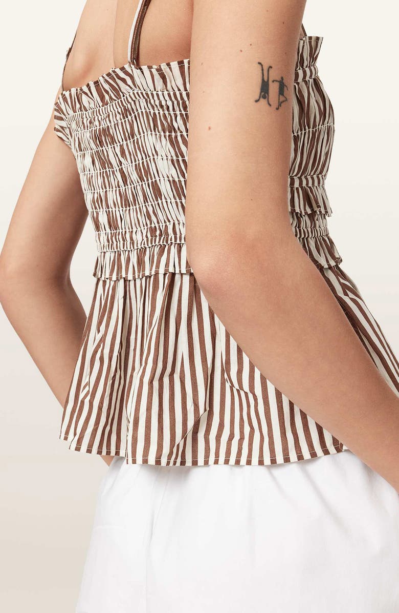 AllSaints Kali Stripe Smocked Cotton Peplum Tank, Alternate, color, Penny Brown/ White