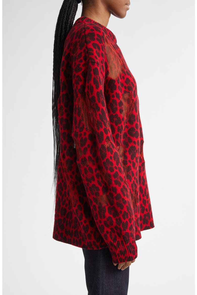 Leopard Jacquard Distressed Virgin Wool Blend Sweater, Alternate, color, LIPSTICK RED