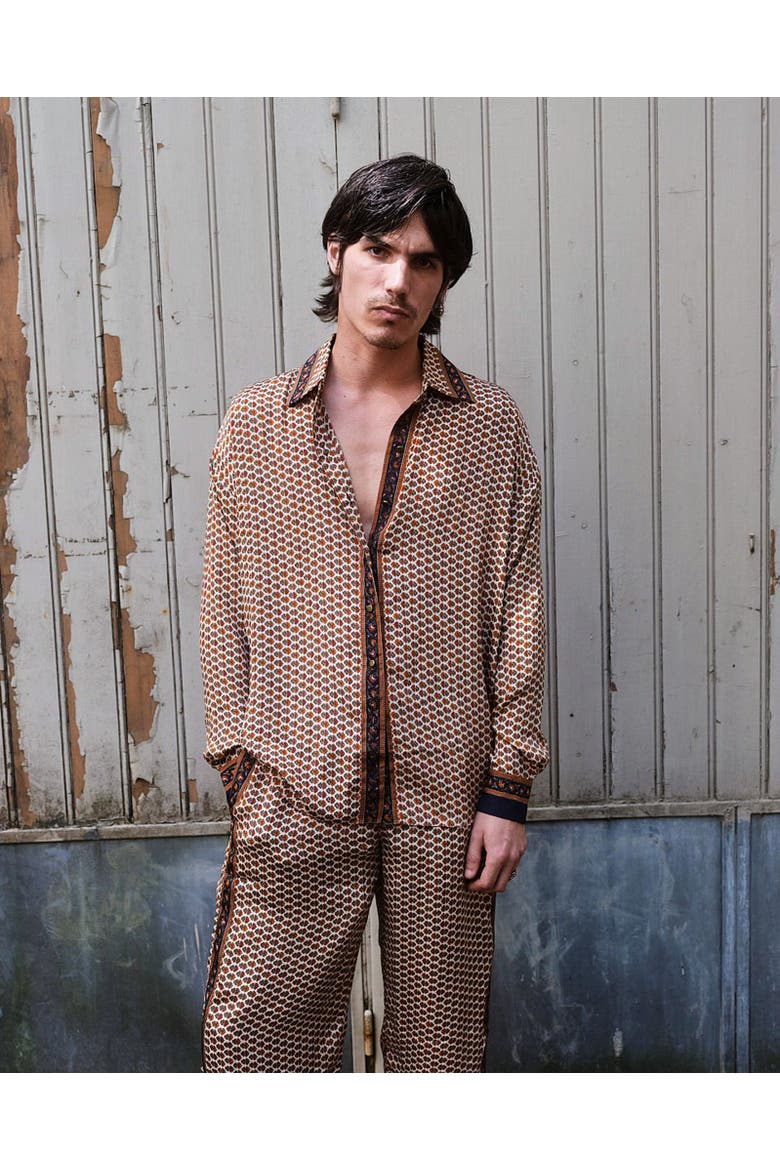 Embossed Botanical Long Sleeve Crepe Shirt, Alternate, color, Copper blue