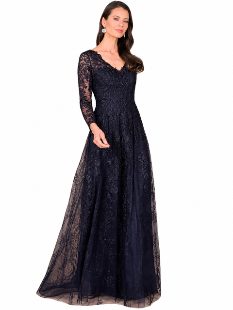 Long Bell Sleeve V-Neck Beaded Gown