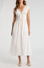 WAYF Liv Ruched Stretch Cotton Poplin Midi Dress