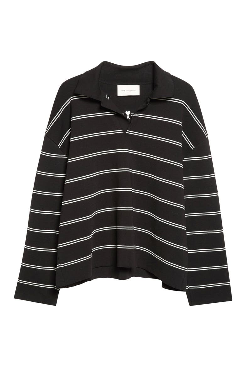 Ami de Coeur Embroidered Stripe Long Sleeve Cotton Polo Sweater, Main, color, NOIR/ BLANC