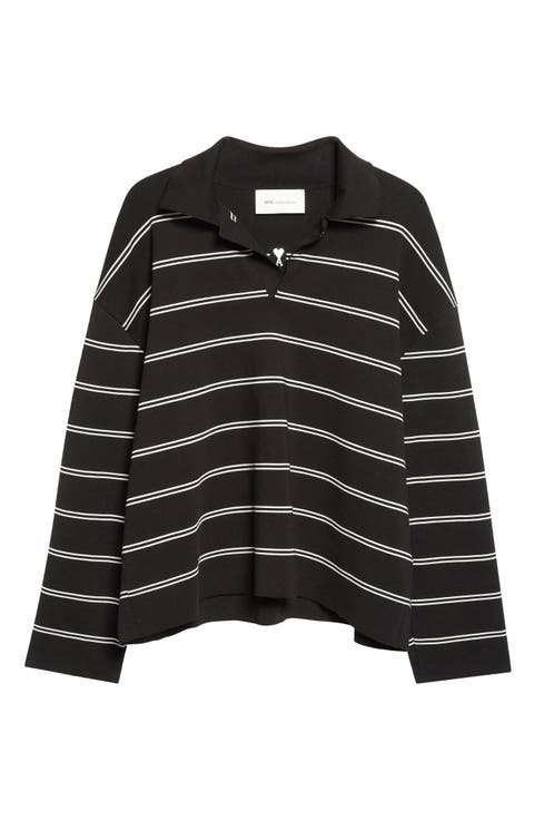 Ami de Coeur Embroidered Stripe Long Sleeve Cotton Polo Sweater