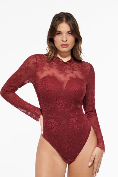 Popilush Shapewear Mock Neck Long Sleeve Floral Lace Bodysuit In Burgundy