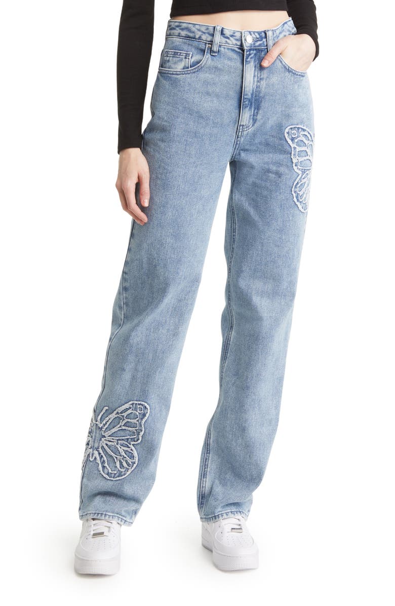 PacSun '90s Butterfly Patch Straight Leg Jeans, Main, color, 