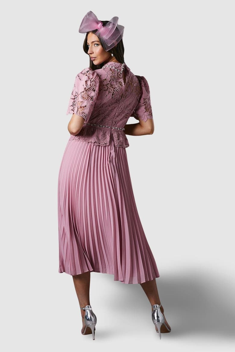 Lace Top Pleat Skirt Jewel Button Dress, Alternate, color, Pink