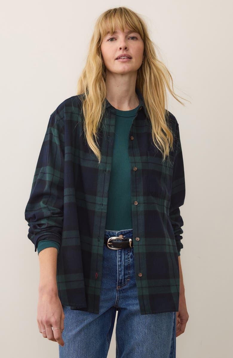 Marine Layer Jane Plaid Relaxed Fit Organic Cotton Plaid Button-Up Shirt, Alternate, color, Evergreen Plaid