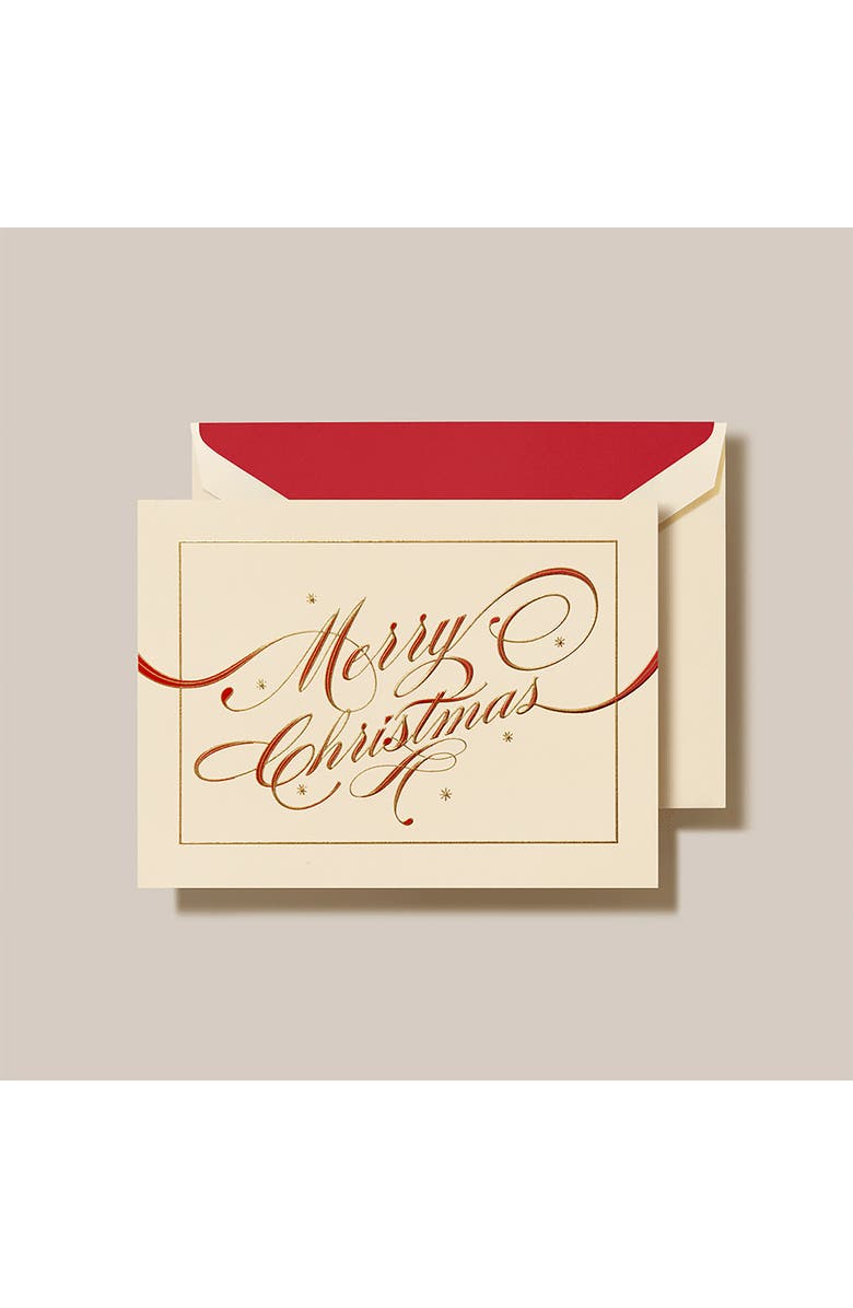 Crane Set of 10 Ribbon Flourish Merry Christmas Greeting Cards, Alternate, color, Ivory