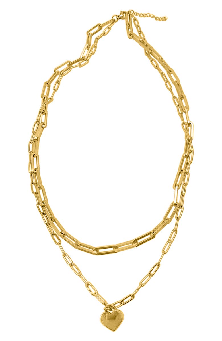 Adornia 14K Gold Plated Water Resistant Stainess Steel Layered Paperclip Chain Heart Pendant Necklace, Alternate, color, Yellow