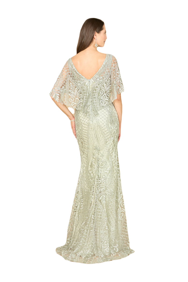 Cape Sleeve Mermaid Gown, Alternate, color, GlacialGreen