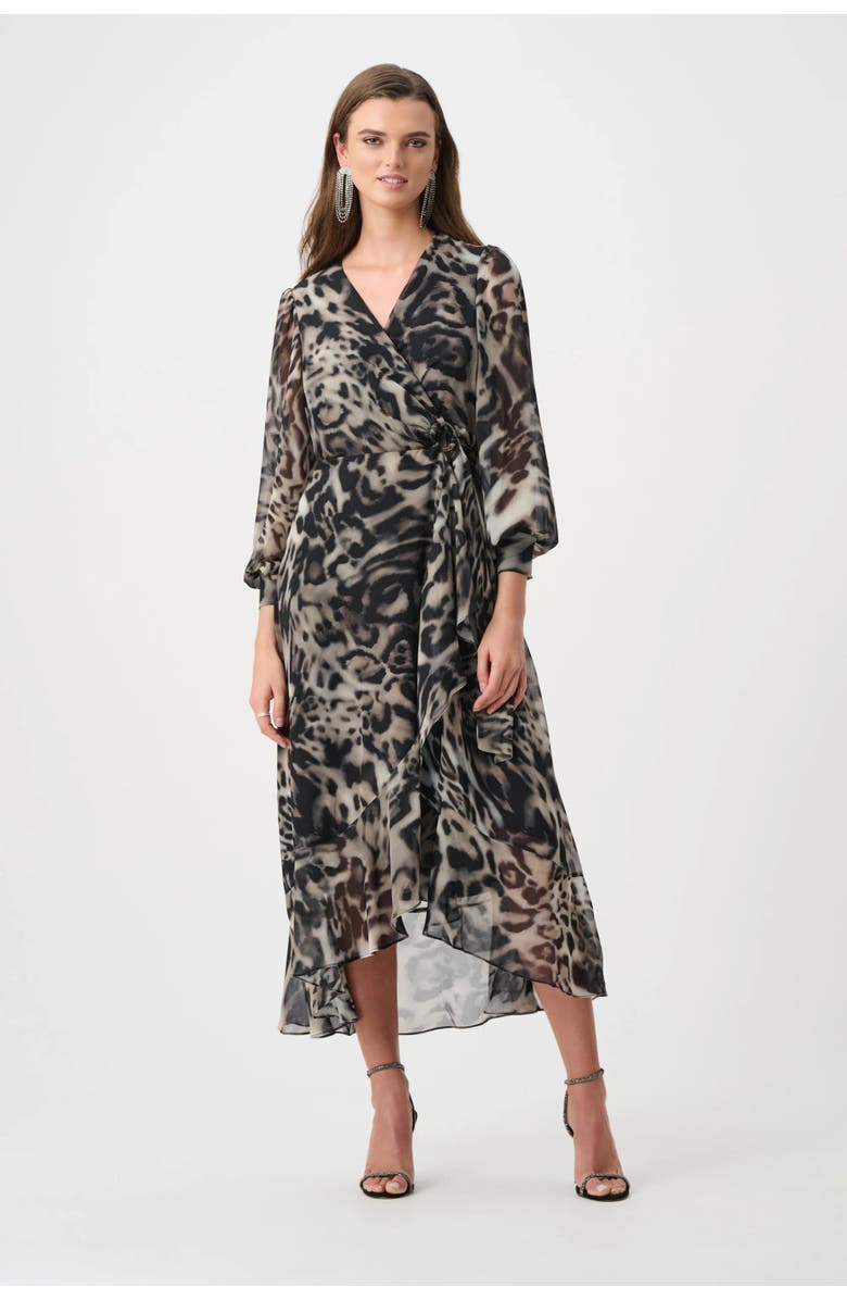 Joseph Ribkoff Chiffon Printed Fit and Flare Wrap Dress, Main, color, Grey/Multi