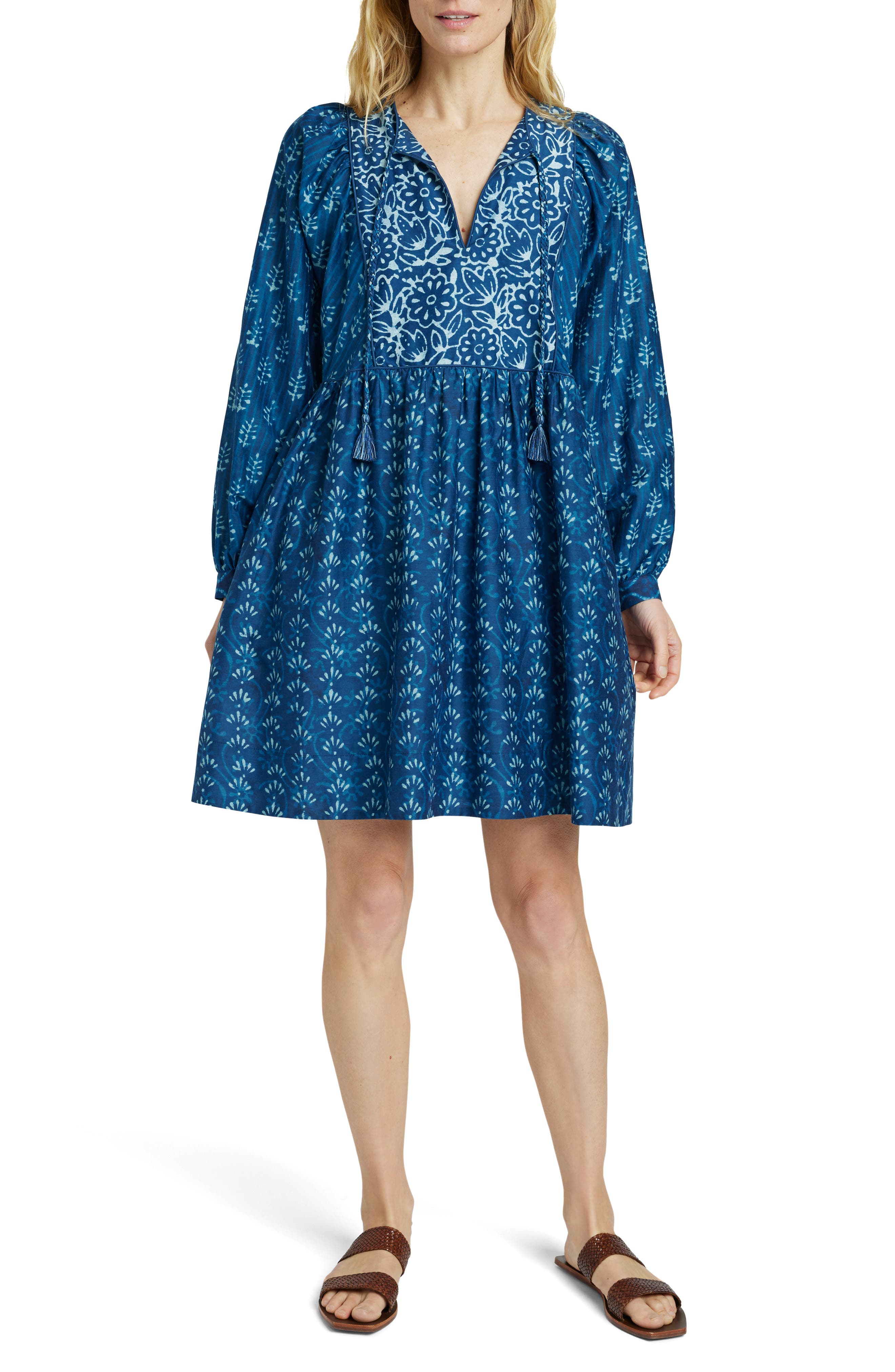 Faherty Solstice Mixed Print Long Sleeve Cotton & Silk Minidress