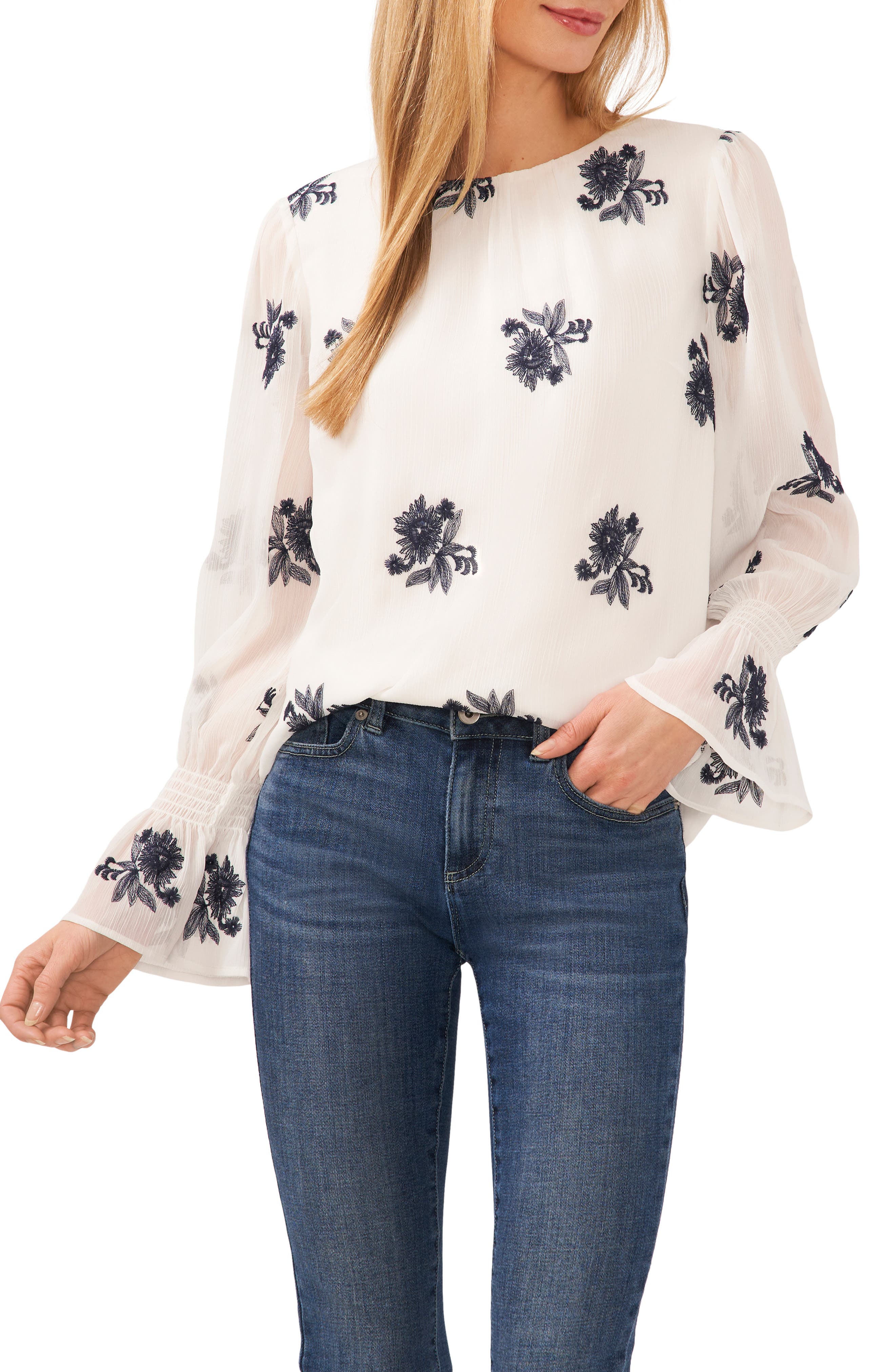 Floral Embroidered Ruffle Cuff Georgette Top - image 3