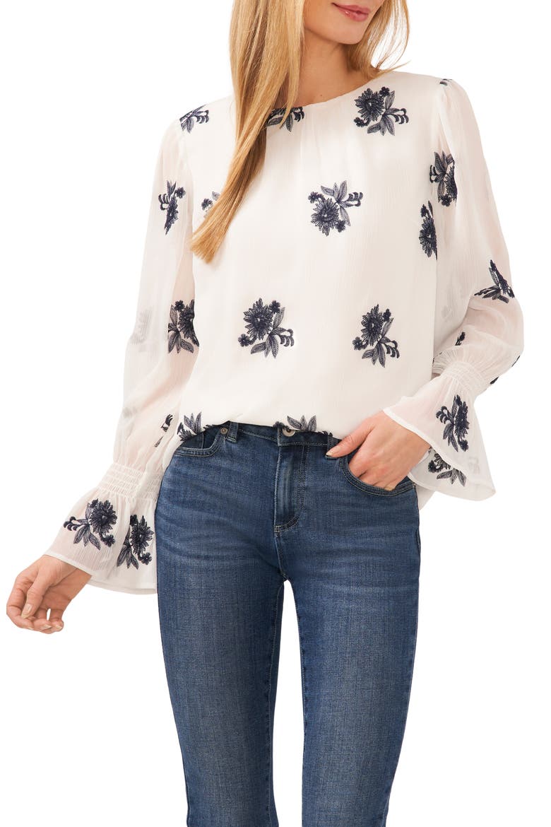 Floral Embroidered Ruffle Cuff Georgette Top, Main, color, NEW IVORY