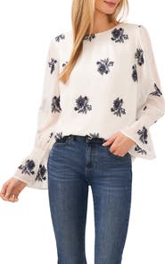 CeCe Floral Embroidered Ruffle Cuff Georgette Top