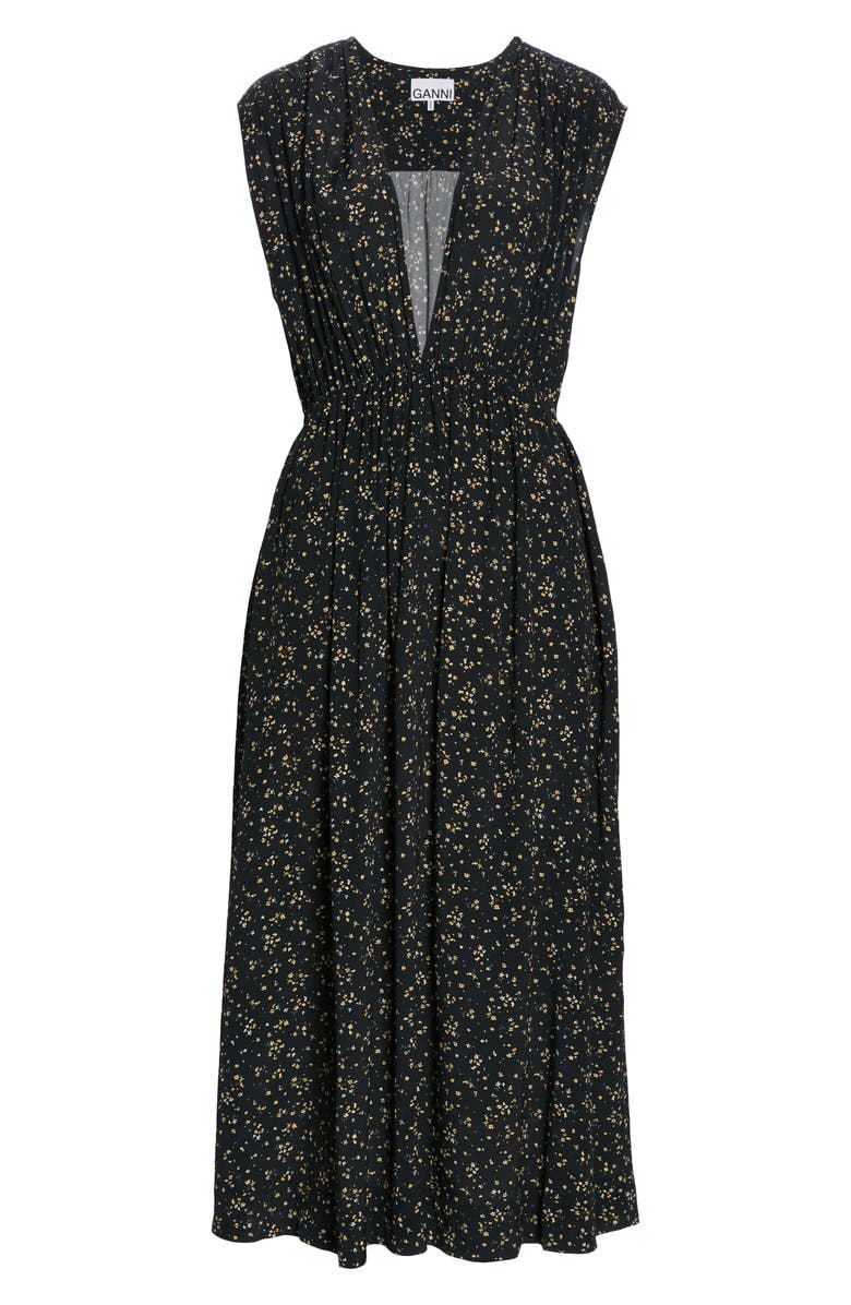 Ganni Ditsy Floral Plunge Neck Dress, Alternate, color, Black