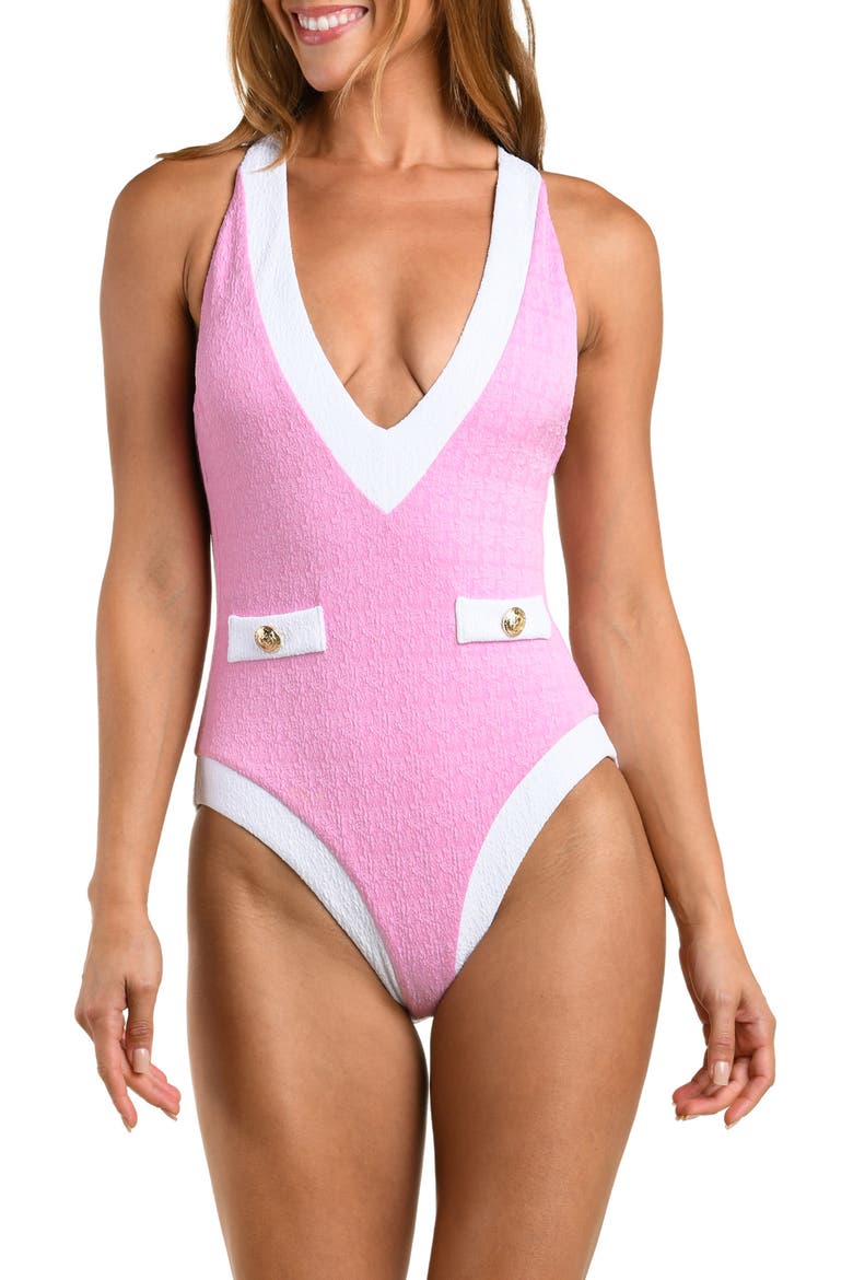 Lisa Colorblock Plunge One-Piece Swimsuit, Main, color, BLUSH