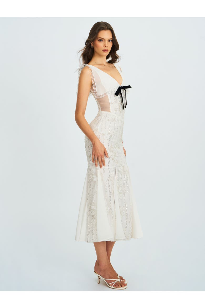 Paola Peter Pan Collar Beaded Sequin Mermaid Midi Dress, Alternate, color, White