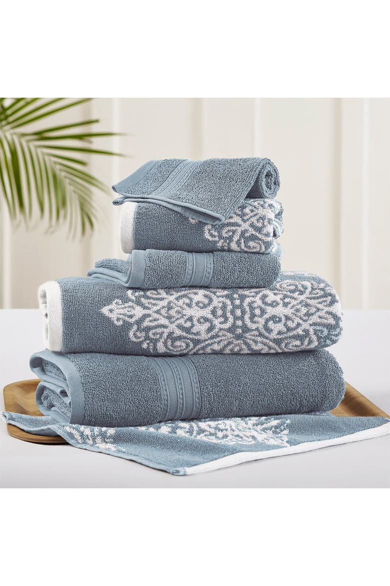 Gray Artesia Damask Reversible Yarn-Dyed Jacquard 6-Piece Towel Set, Alternate, color, BLUE