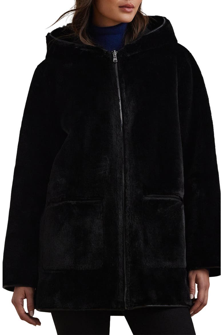 Reversible Hooded Faux Fur Coat, Main, color, BLACK
