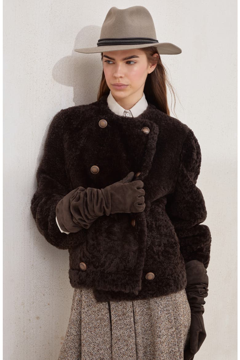 Fuzzy shearling cropped pea coat, Alternate, color, Rust Brown