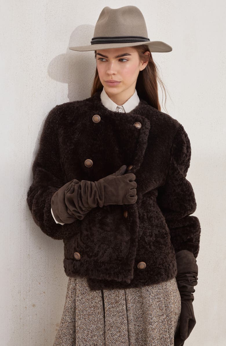 Brunello Cucinelli Fuzzy shearling cropped pea coat, Alternate, color, Rust Brown