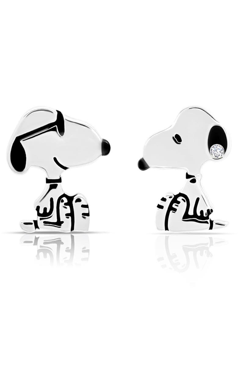 Crislu x Peanuts<sup>®</sup> Snoopy Mismatched Stud Earrings, Main, color, Pure Platinum / Clear Stone