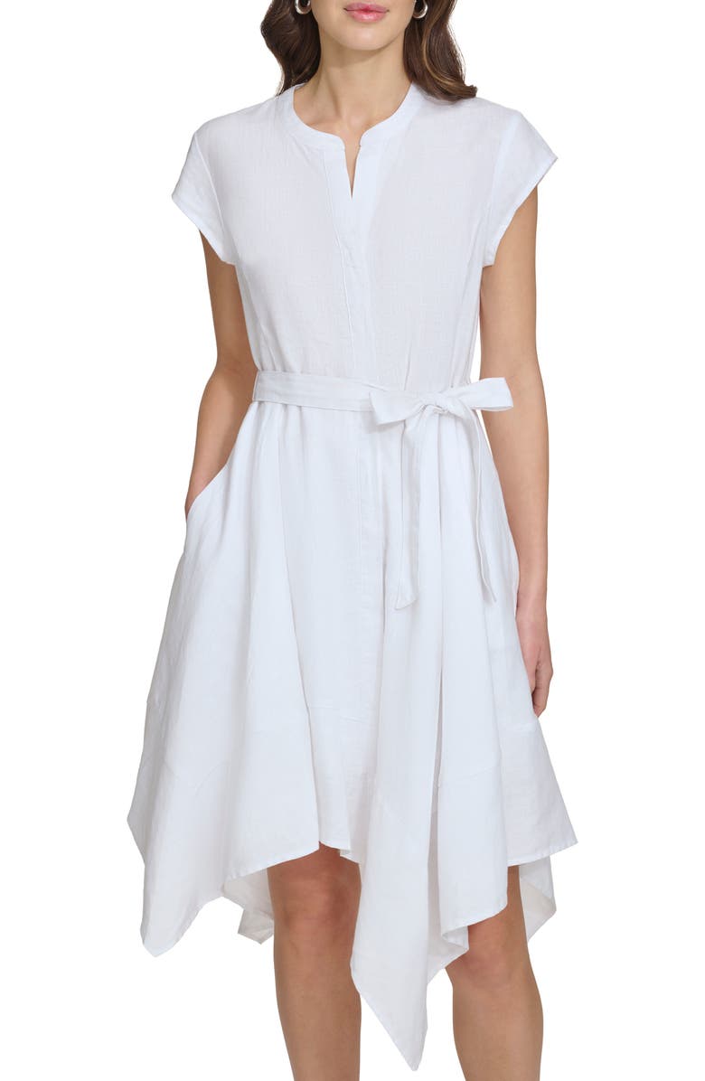 DKNY Handkerchief Hem Linen Shirtdress, Alternate, color, White