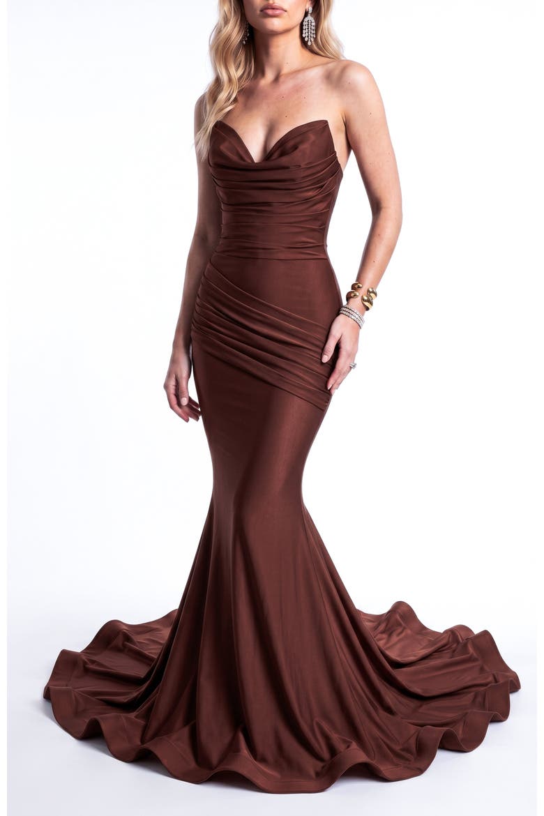 Ruched Cowl Neck Mermaid Gown With Train, Main, color, Brown